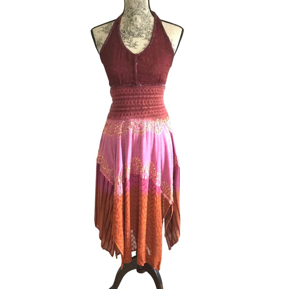 Boho Patchwork Women Halter Dress Sequin Embroidery Asymmetrical Cottagecore S - Picture 1 of 9